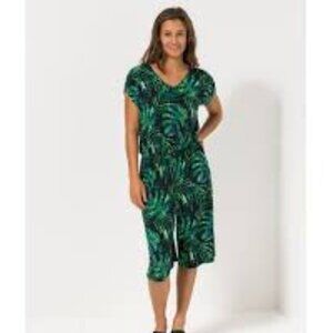 Green Leaf Print Brazil Knit Romper capri length